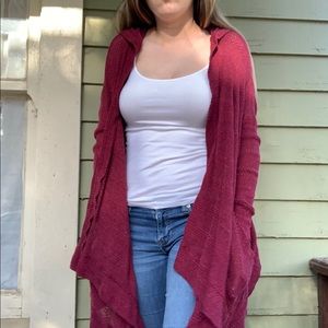 Red hooded cardigan